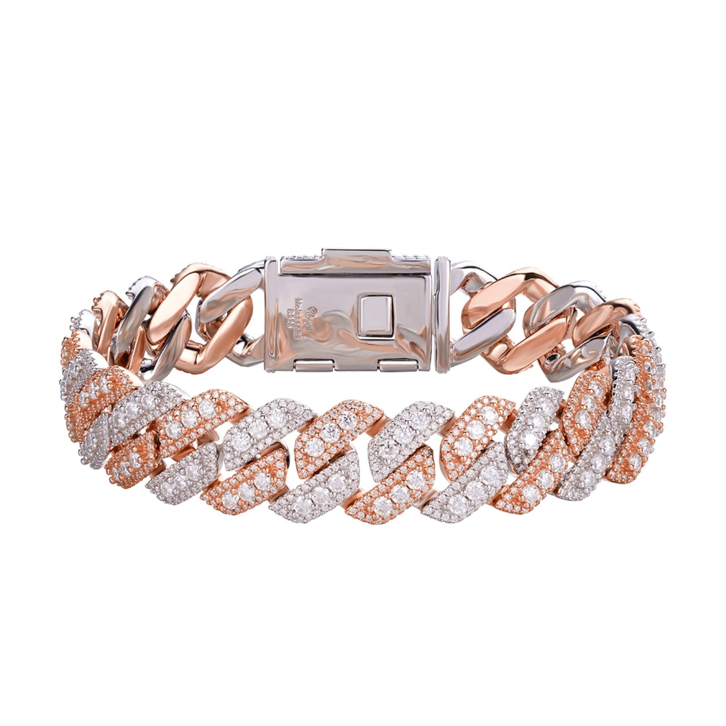 S.Silver Round Big Stone in Center Surrounded with Small Stones 14mm Moissanite Cuban Chain 8Inch Bracelet RP+PP 12-3/4 Cttw