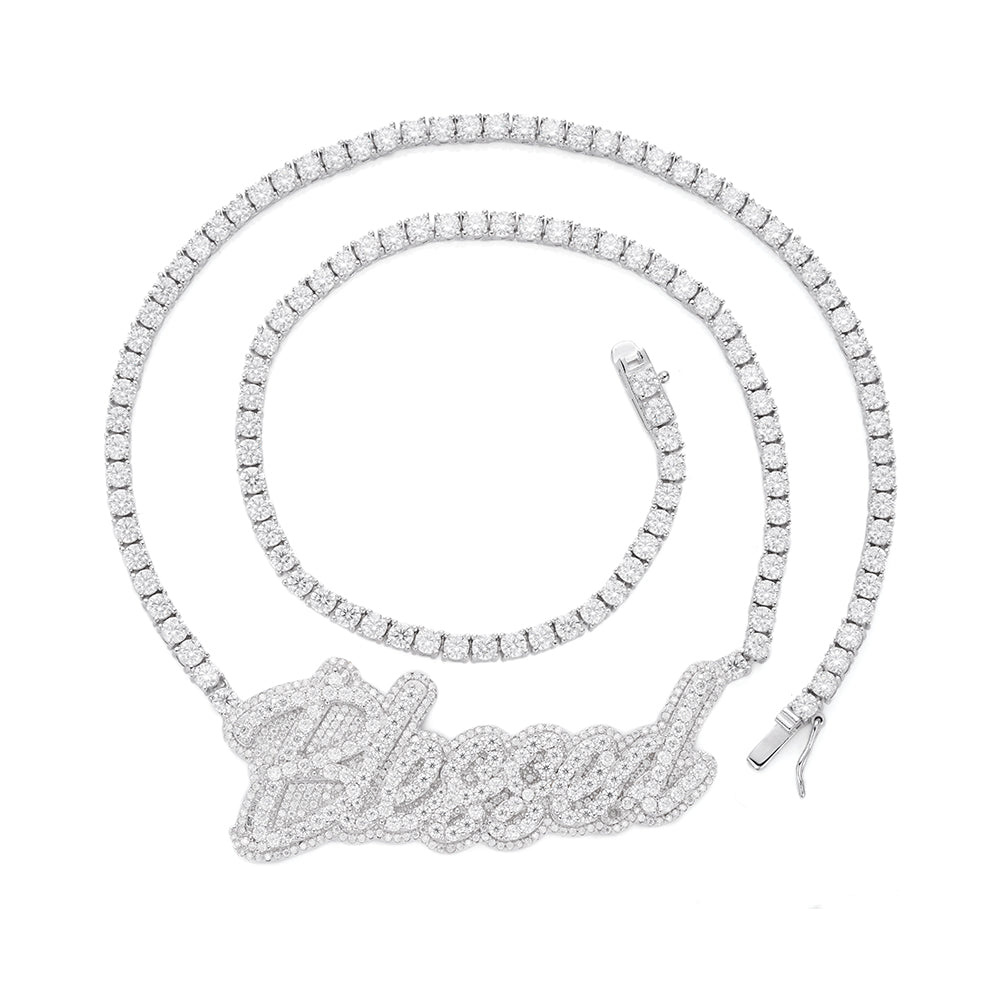 S.Silver Round Moissanite Blessed Word Designer 18 Inch Necklace RP 17-1/3 Cttw