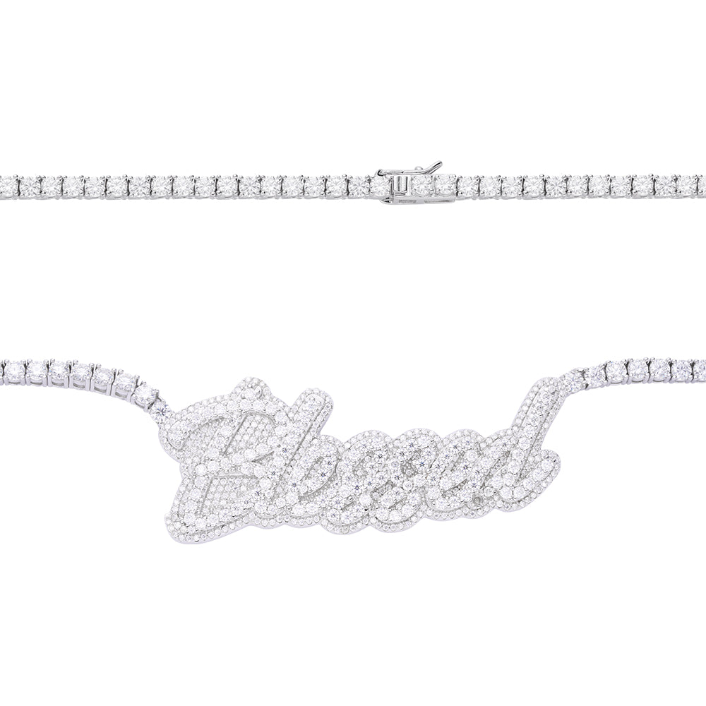 S.Silver Round Moissanite Blessed Word Designer 18 Inch Necklace RP 17-1/3 Cttw