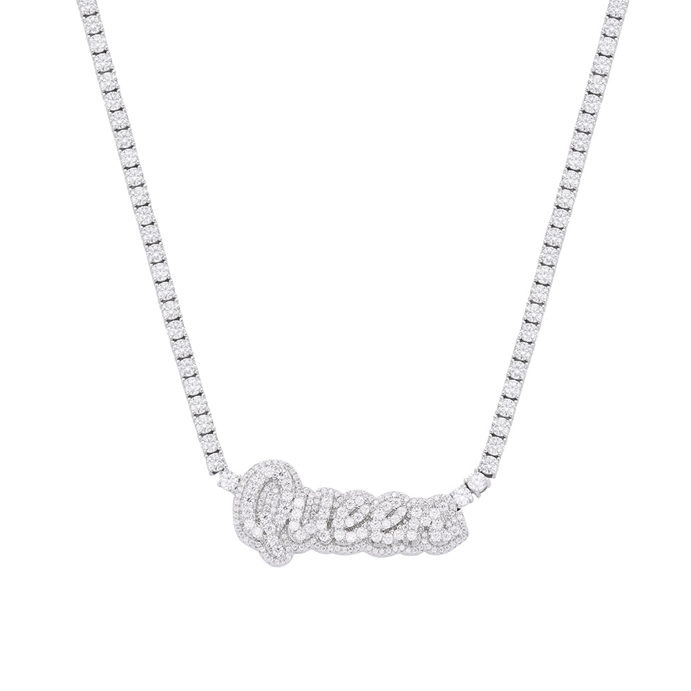 S.Silver Round Moissanite Queen Word Designer 18 Inch Necklace RP 15-5/8 Cttw