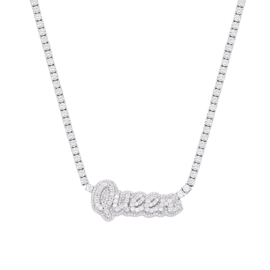 S.Silver Round Moissanite Queen Word Designer 18 Inch Necklace RP 15-5/8 Cttw