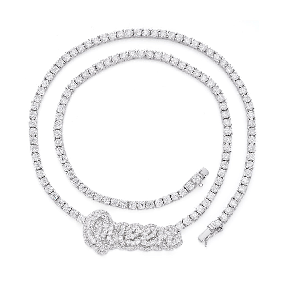 S.Silver Round Moissanite Queen Word Designer 18 Inch Necklace RP 15-5/8 Cttw