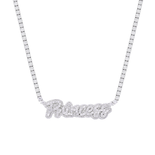 S.Silver Round Moissanite Princess Word Designer 18 Inch Necklace RP 15-3/4 Cttw