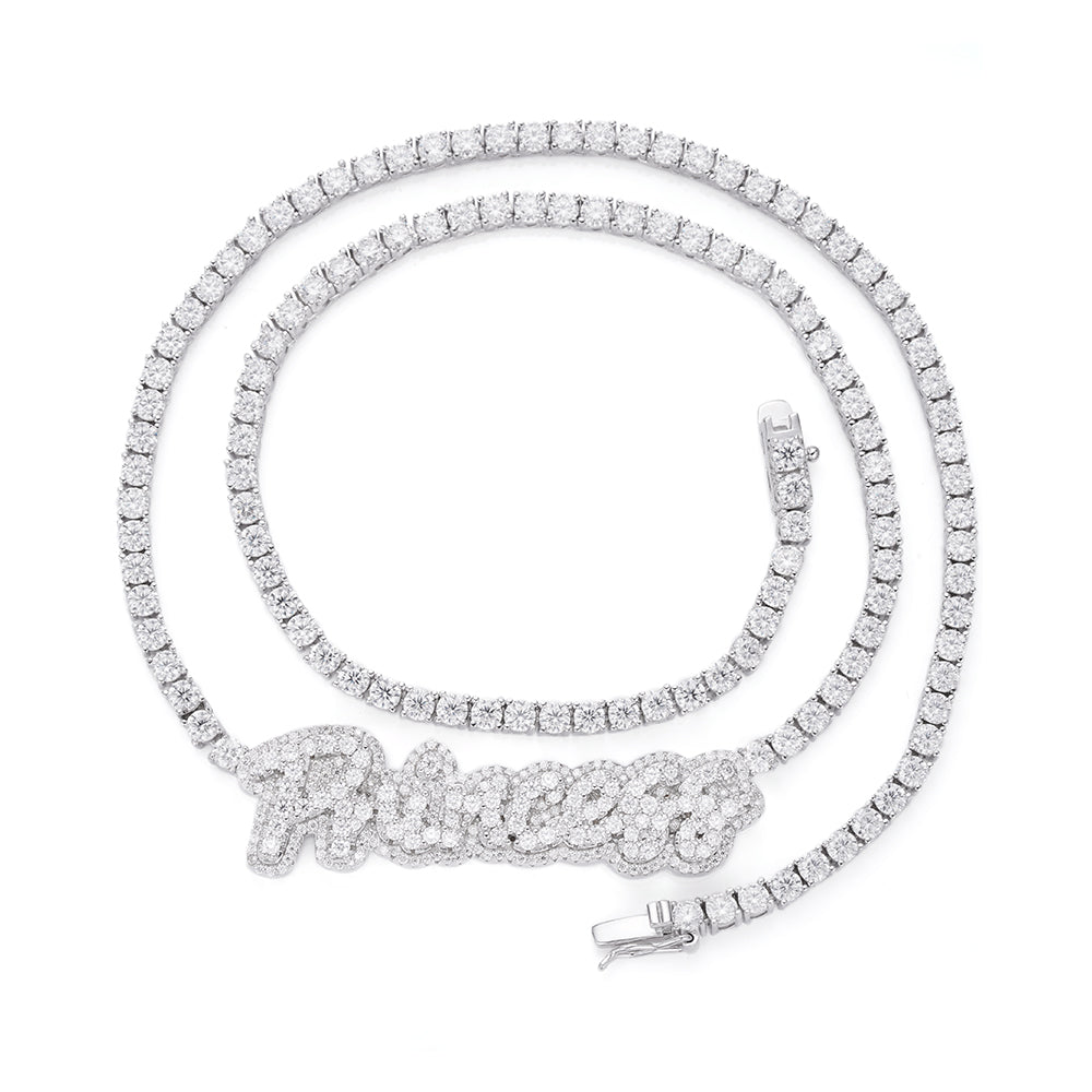 S.Silver Round Moissanite Princess Word Designer 18 Inch Necklace RP 15-3/4 Cttw