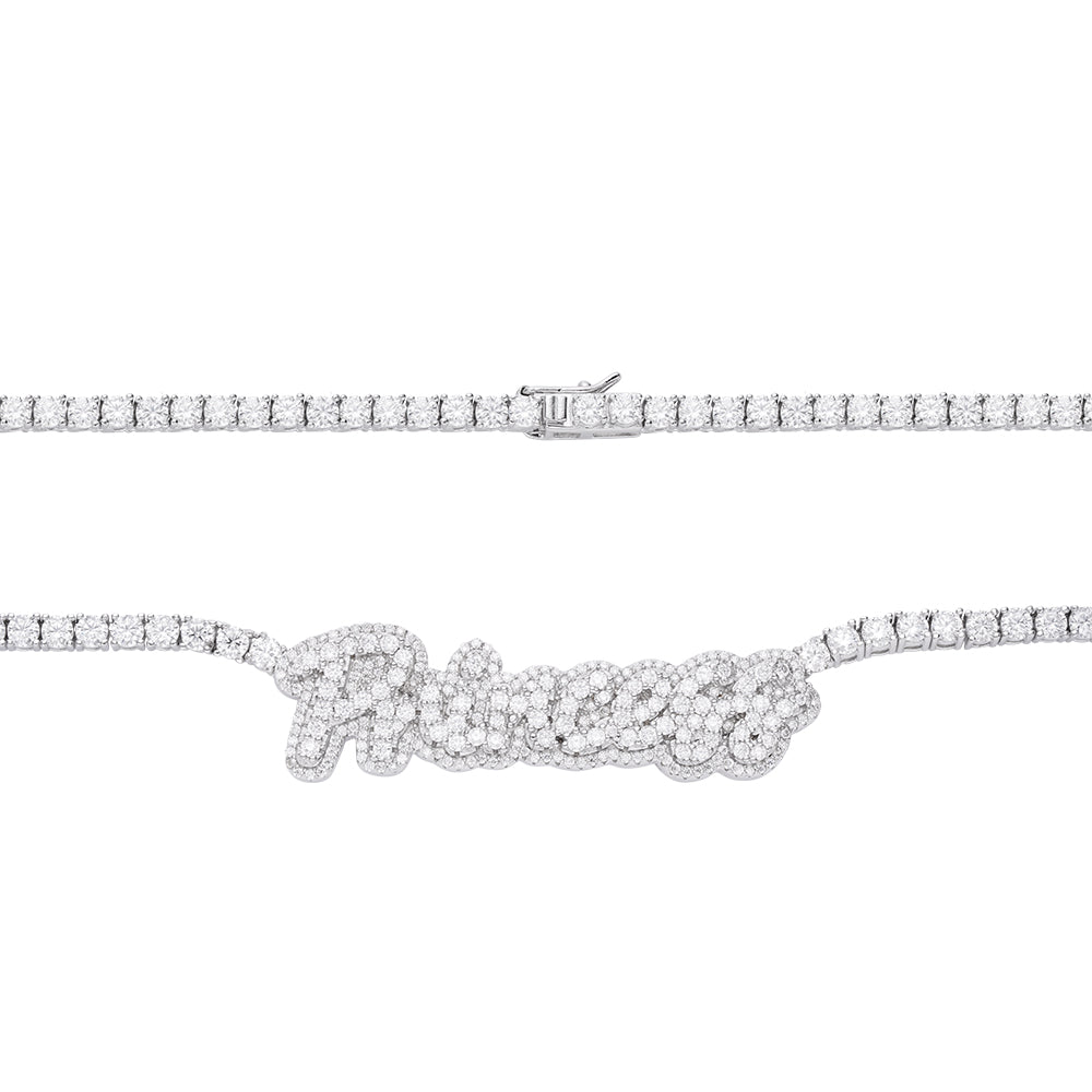 S.Silver Round Moissanite Princess Word Designer 18 Inch Necklace RP 15-3/4 Cttw