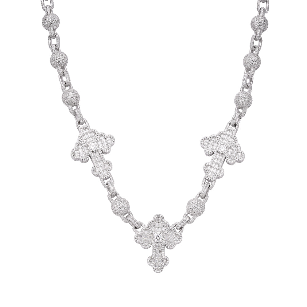 S.Silver Round Baguette Moissanite Cross Religious 22 Inch Necklace RP 38-1/3 Cttw