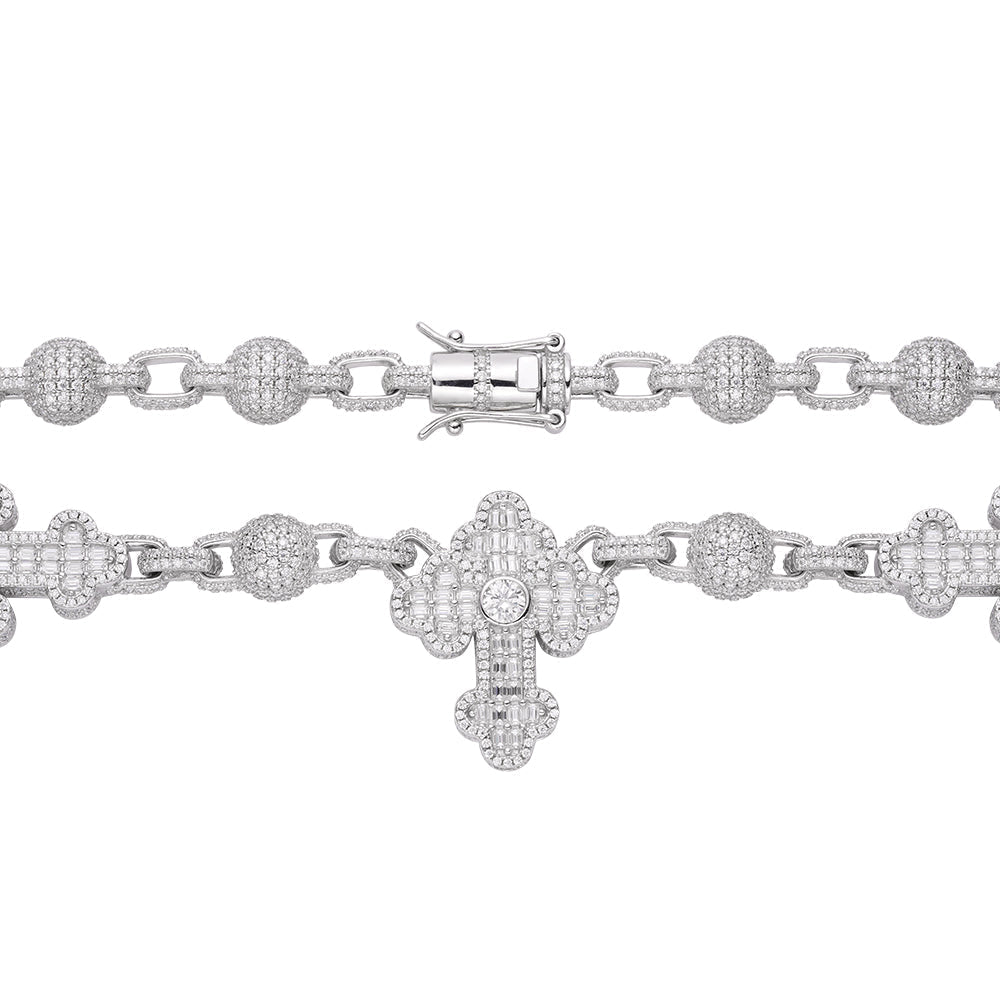 S.Silver Round Baguette Moissanite Cross Religious 22 Inch Necklace RP 38-1/3 Cttw
