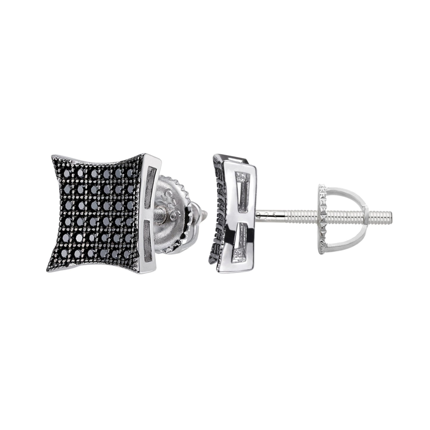 S.Silver Round Black Moissanite Square Shape Stud Earrings BP+RP 1/2 Cttw