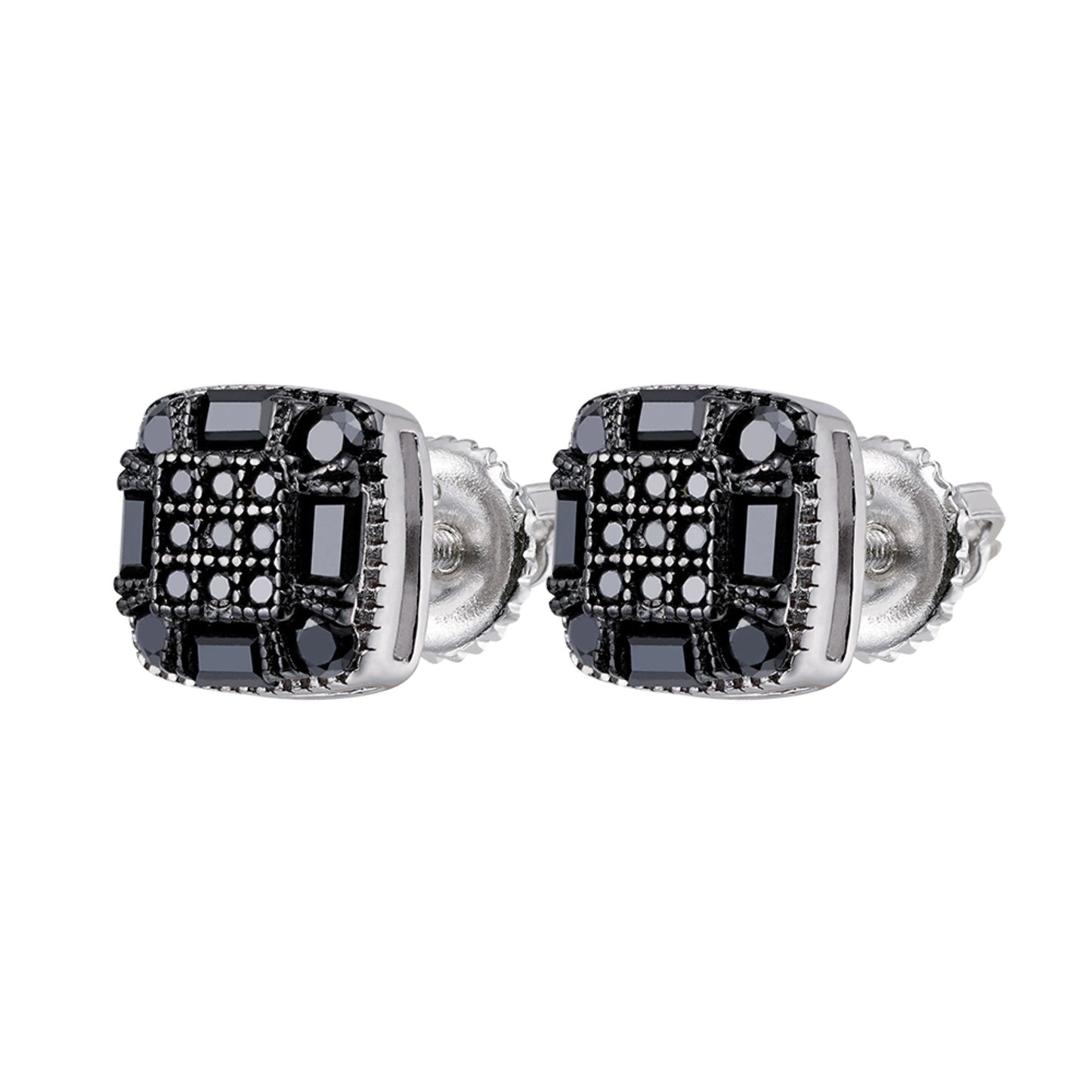 S.Silver Round Baguette Black Moissanite Square Shape Stud Earrings BP+RP 3/4 Cttw
