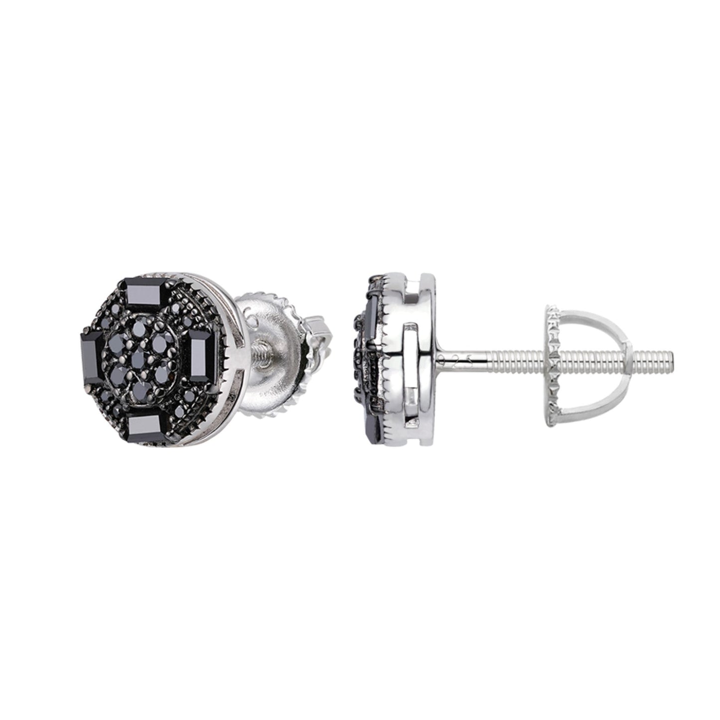 S.Silver Round Baguette Black Moissanite Stud Earrings BP+RP 5/8 Cttw