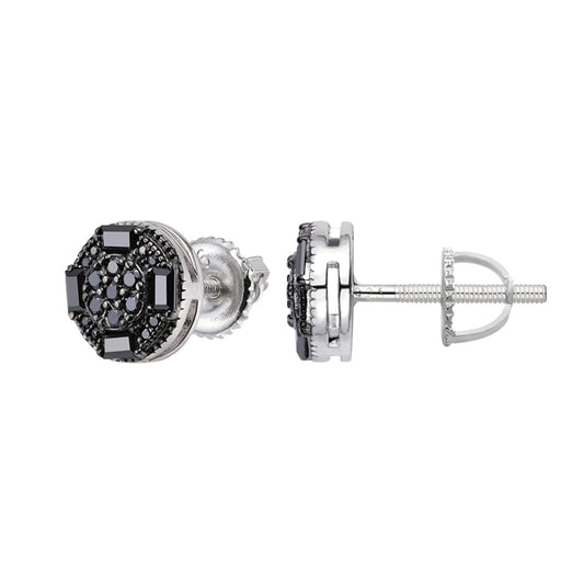 S.Silver Round Baguette Black Moissanite Stud Earrings BP+RP 5/8 Cttw