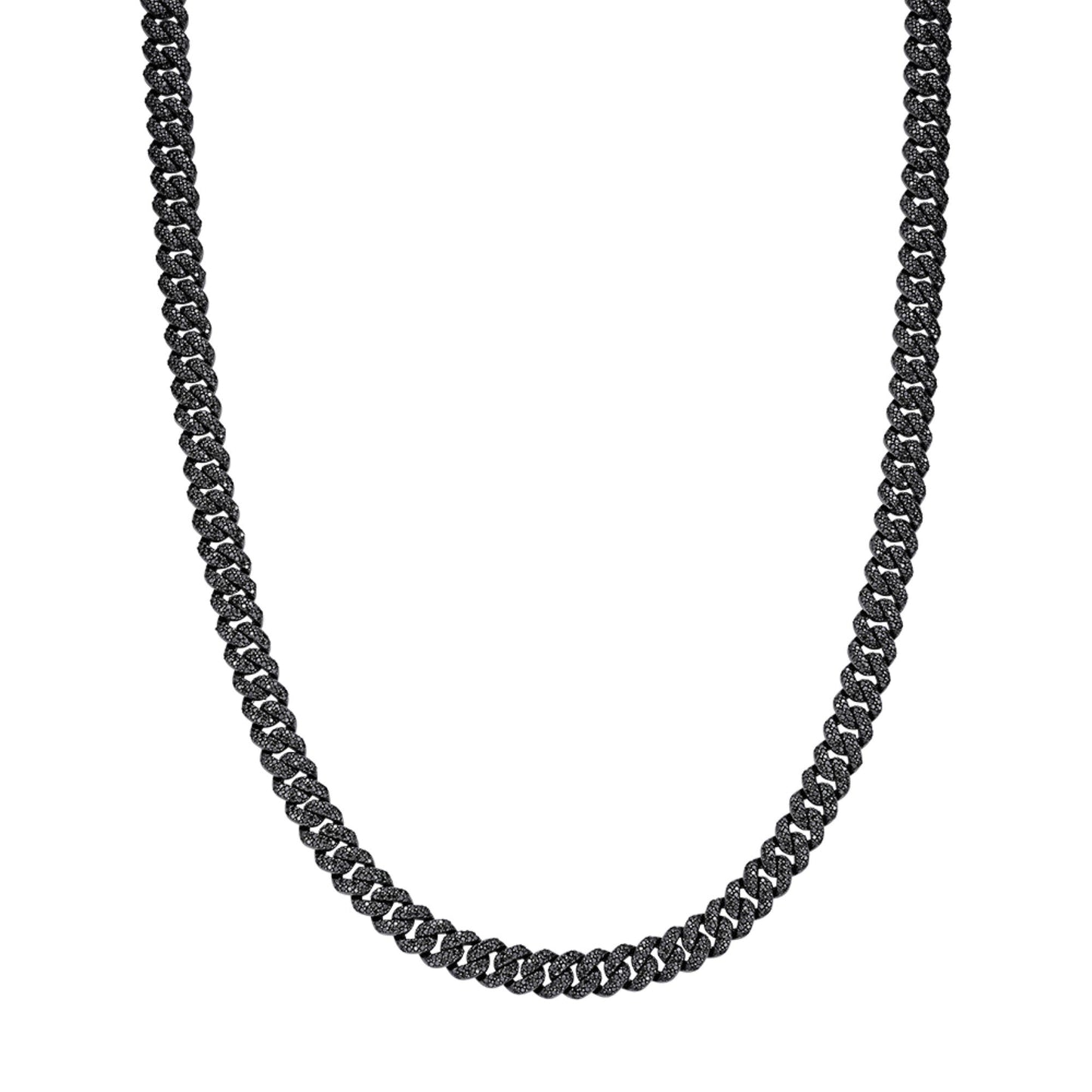 S.Silver 8mm Round Black Moissanite Miami Cuban Chain 22 Inch Mens Necklace BP+BP 13-3/4 Cttw
