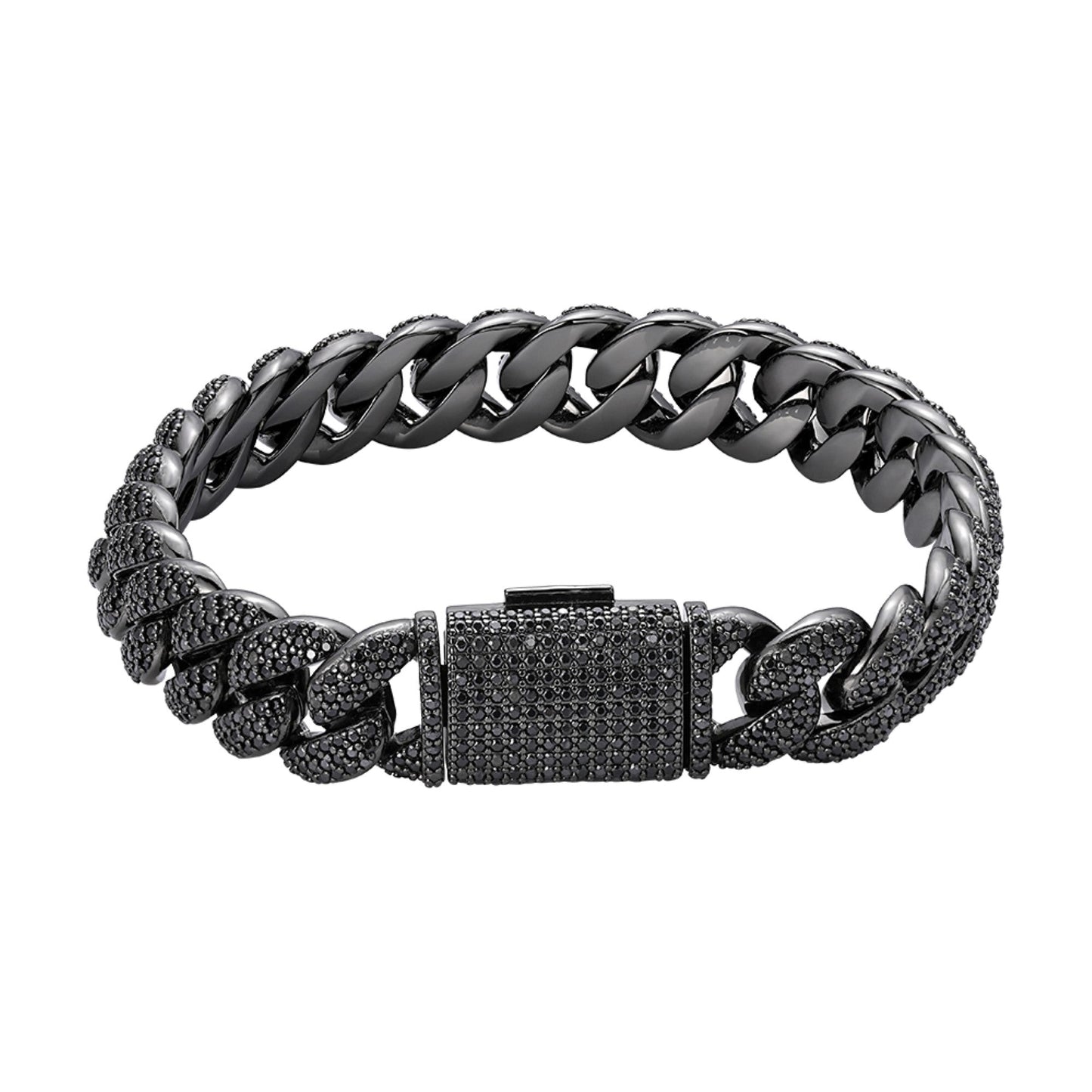 S.Silver 12mm Round Black Moissanite Miami Cuban 8 Inch Mens Bracelet BP+BP 7-3/4 Cttw