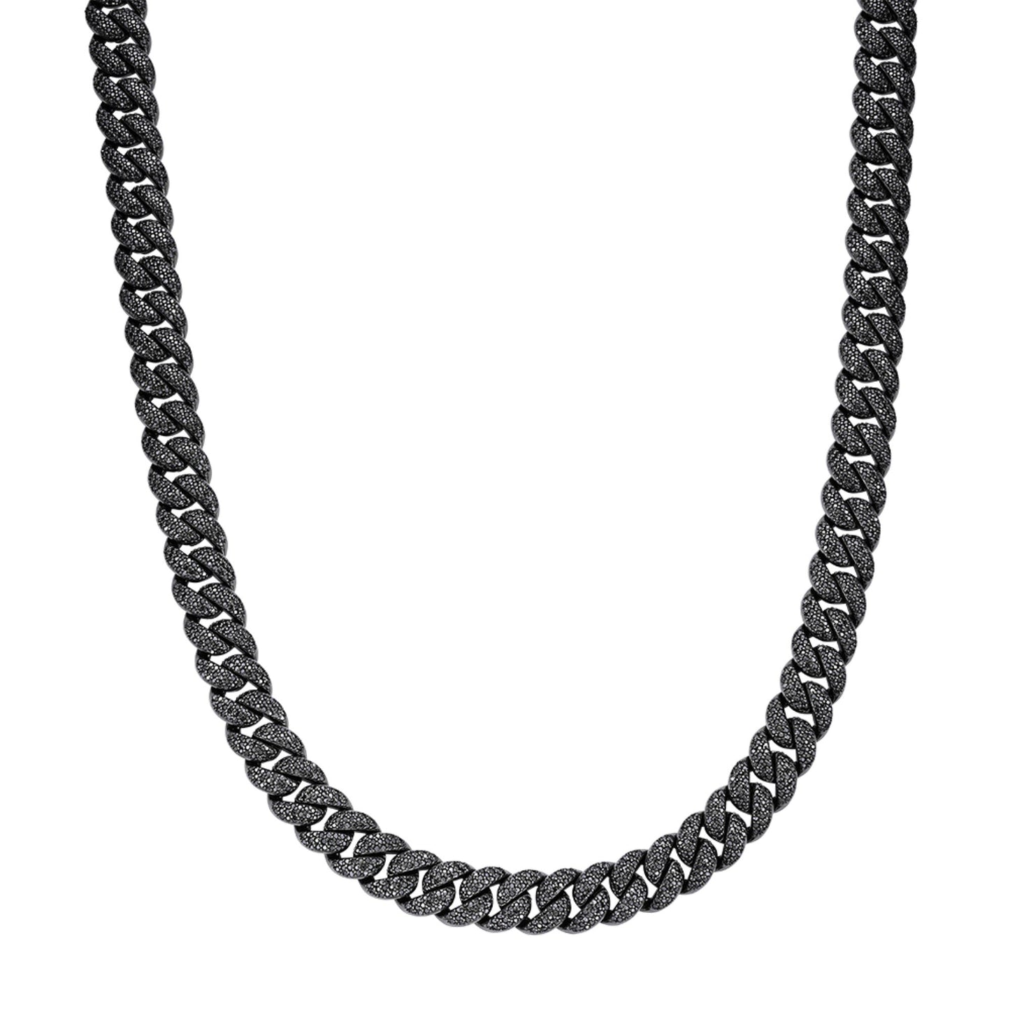 S.Silver 12mm Round Black Moissanite Miami Cuban Chain 22 Inch Mens Necklace BP+BP 19-5/8 Cttw