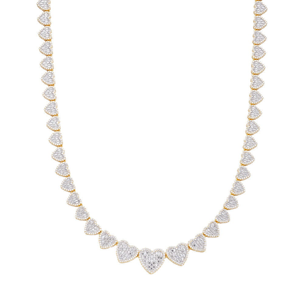 S.Silver Round Baguette Moissanite Heart 18 Inch Necklace RP+GP 15-3/4 Cttw