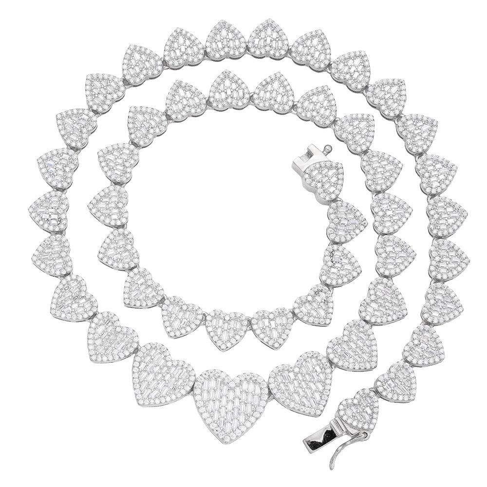 S.Silver Round Baguette Moissanite Heart 18 Inch Necklace RP 15-3/4 Cttw