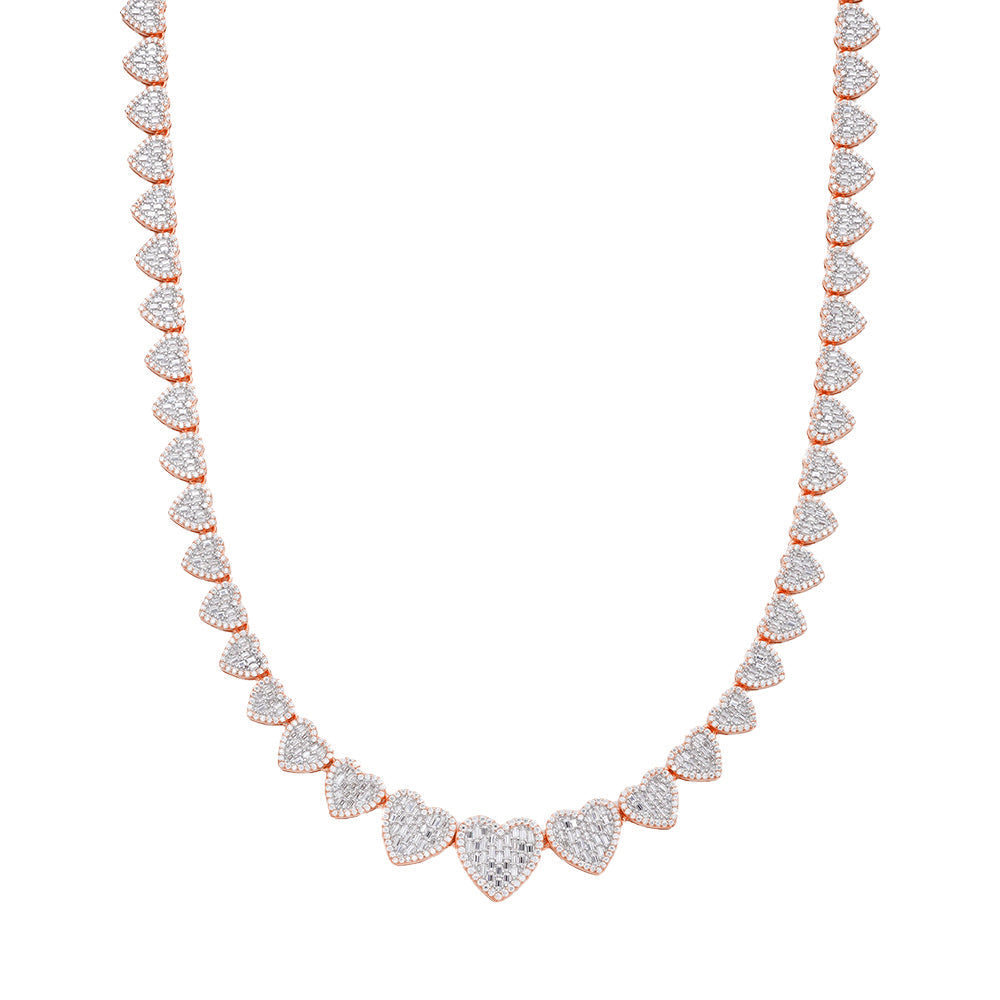 S.Silver Round Baguette Moissanite Heart 18 Inch Necklace RP+PP 15-3/4 Cttw