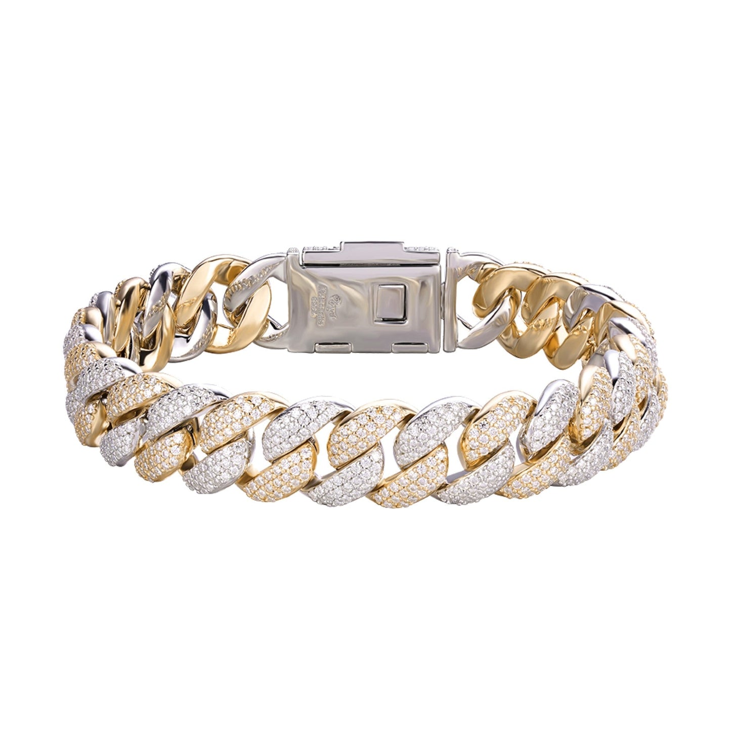 S.Silver Moissanite 12mm Cuban Bracelet 8 Inch RP+GP 7-3/4 Cttw