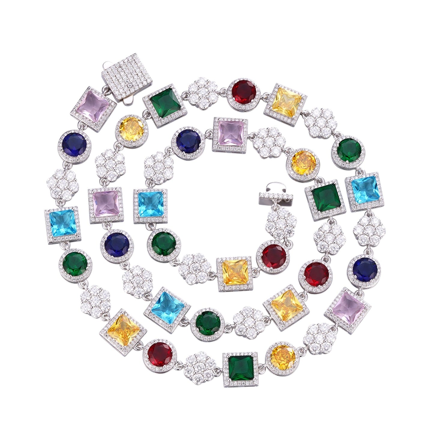 S.Silver Round Moissanite 7 Stone Flower with Color Stone Designer 22 Inch Necklace RP 16-3/8 Cttw