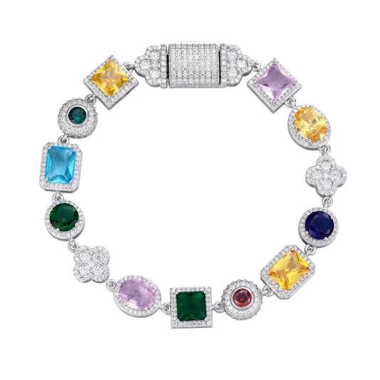 S.Silver Round Moissanite 4 Stone Flower with Color Stone Designer 8 Inch Bracelet RP 4-7/8 Cttw