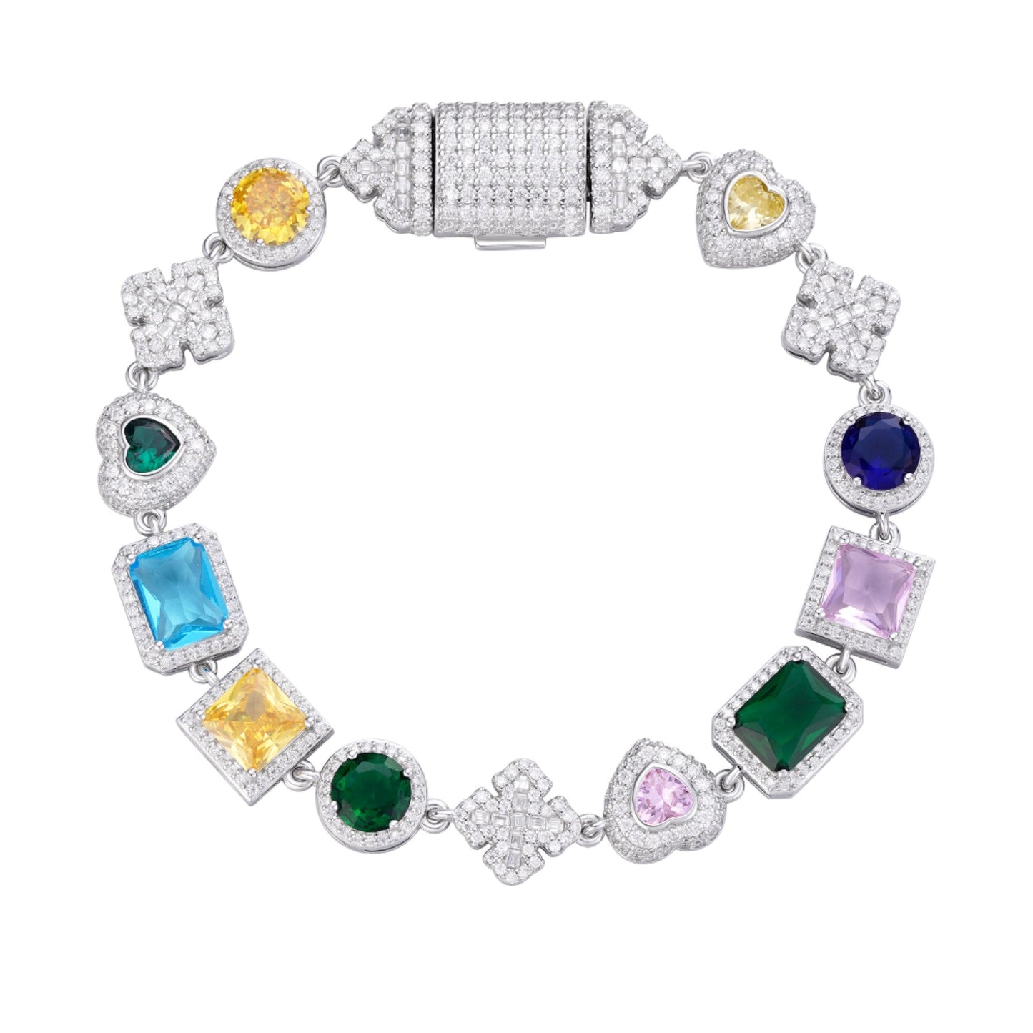 S.Silver Round Moissanite Cross with Color Stone Designer 8 Inch Bracelet RP 4-3/8 Cttw