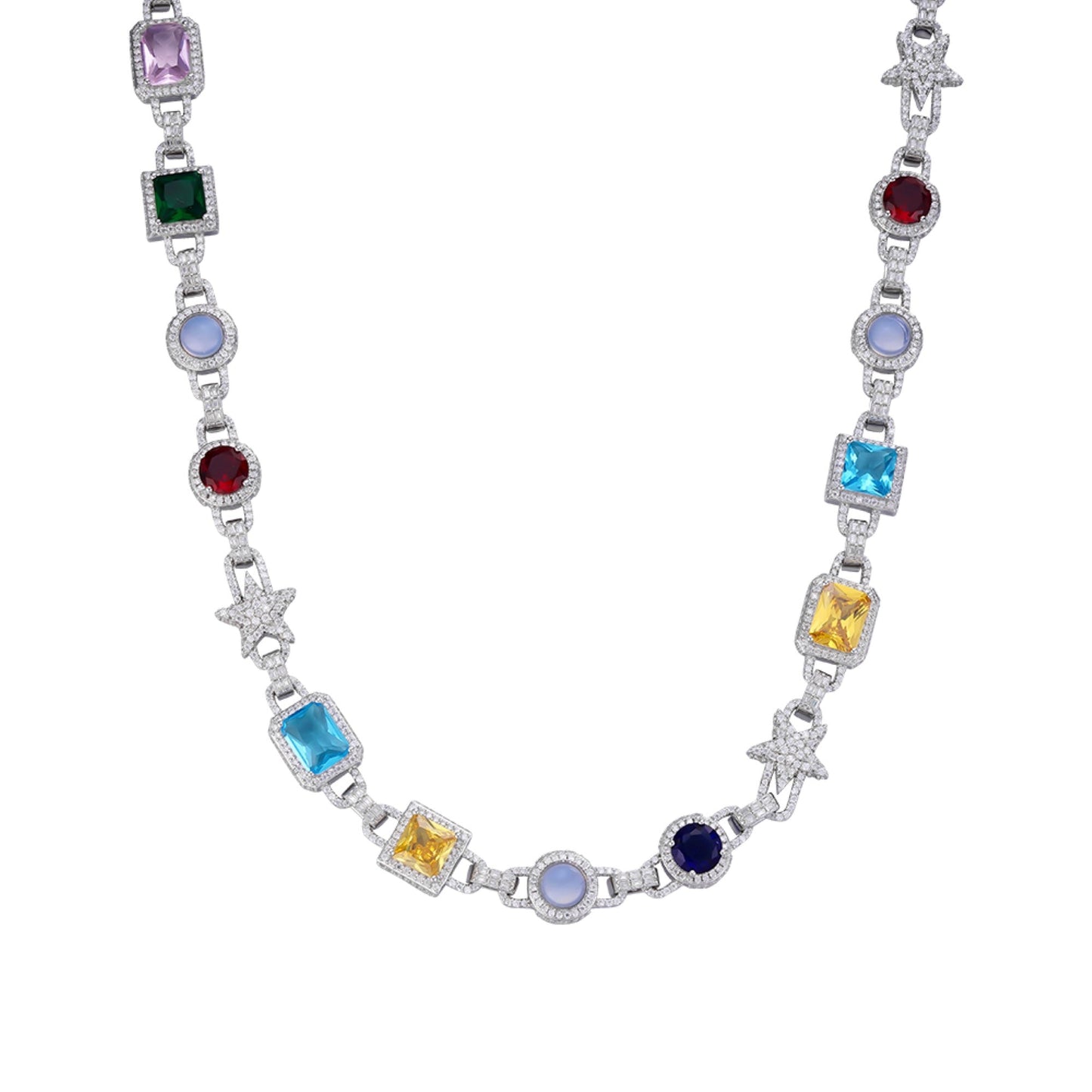 S.Silver Round Moissanite Star with Color Stone Designer 22 Inch Necklace RP 15-1/2 Cttw