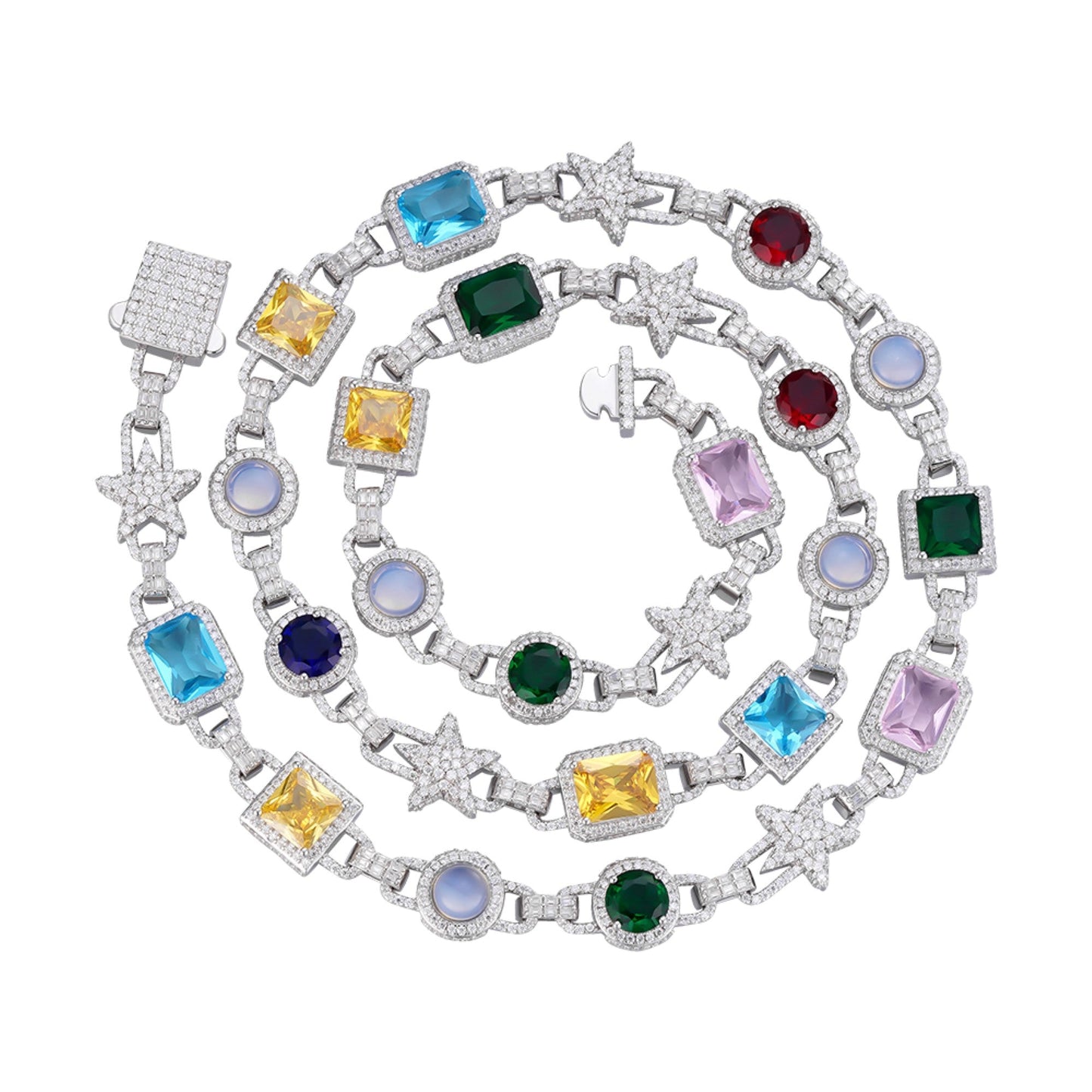 S.Silver Round Moissanite Star with Color Stone Designer 22 Inch Necklace RP 15-1/2 Cttw