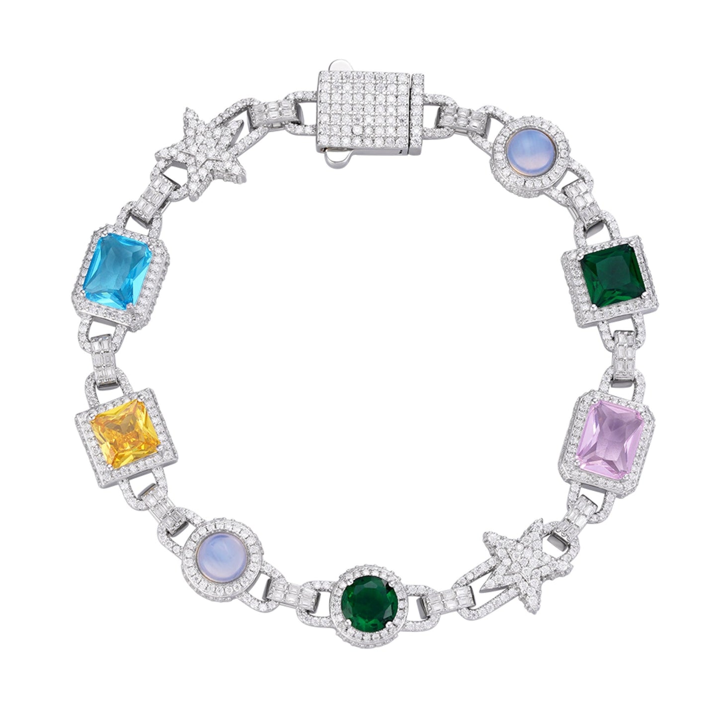 S.Silver Round Moissanite Star with Color Stone Designer 8 Inch Bracelet RP 5-1/3 Cttw