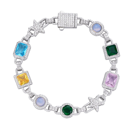 S.Silver Round Moissanite Star with Color Stone Designer 8 Inch Bracelet RP 5-1/3 Cttw