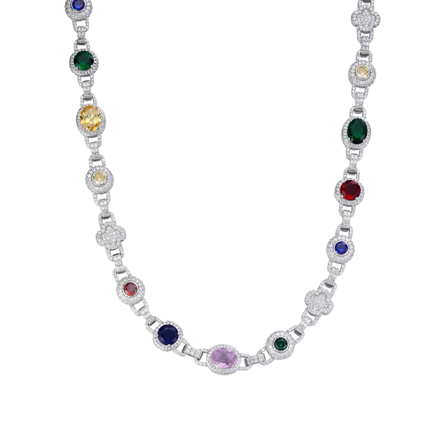 S.Silver Round Moissanite with Color Stone Designer 22 Inch Necklace RP 17-5/8 Cttw