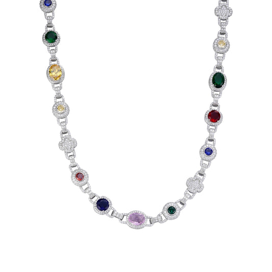 S.Silver Round Moissanite with Color Stone Designer 22 Inch Necklace RP 17-5/8 Cttw
