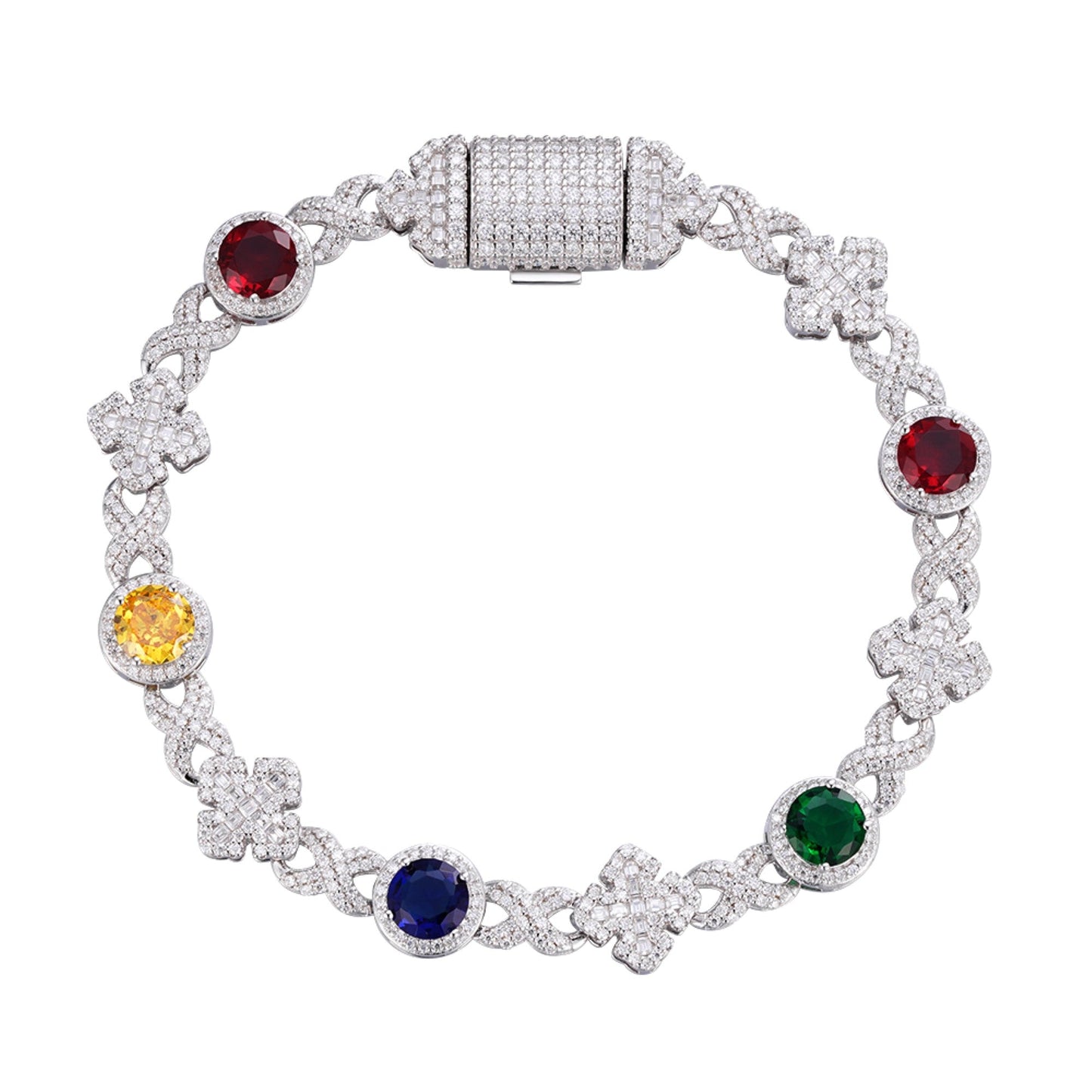 S.Silver Round Moissanite Cross Infinity with Color Stone Designer 8 Inch Bracelet RP 5 Cttw
