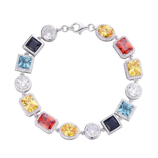 S.Silver Moissanite Round with Color Stone Designer 8 Inch Bracelet RP 2 Cttw