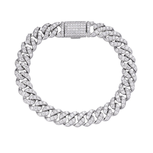 S.Silver 10mm Round Moissanite 1 Row Cuban 8 Inch Bracelet RP 8-1/4 Cttw