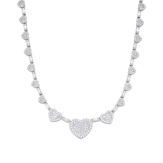 S.Silver Round Baguette Moissanite Heart Designer 18 Inch Necklace RP 14-5/8 Cttw