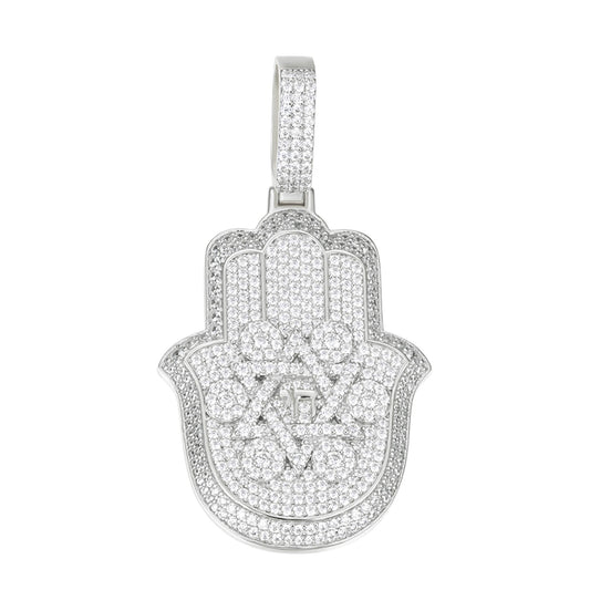 S.Silver Round Moissanite Hamza Hand Religious Pendant RP 3-5/8 Cttw
