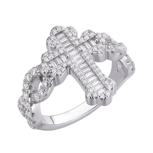 S.Silver Round Baguette Moissanite Cross Religious SZ 9 Ring RP 1-5/8 Cttw
