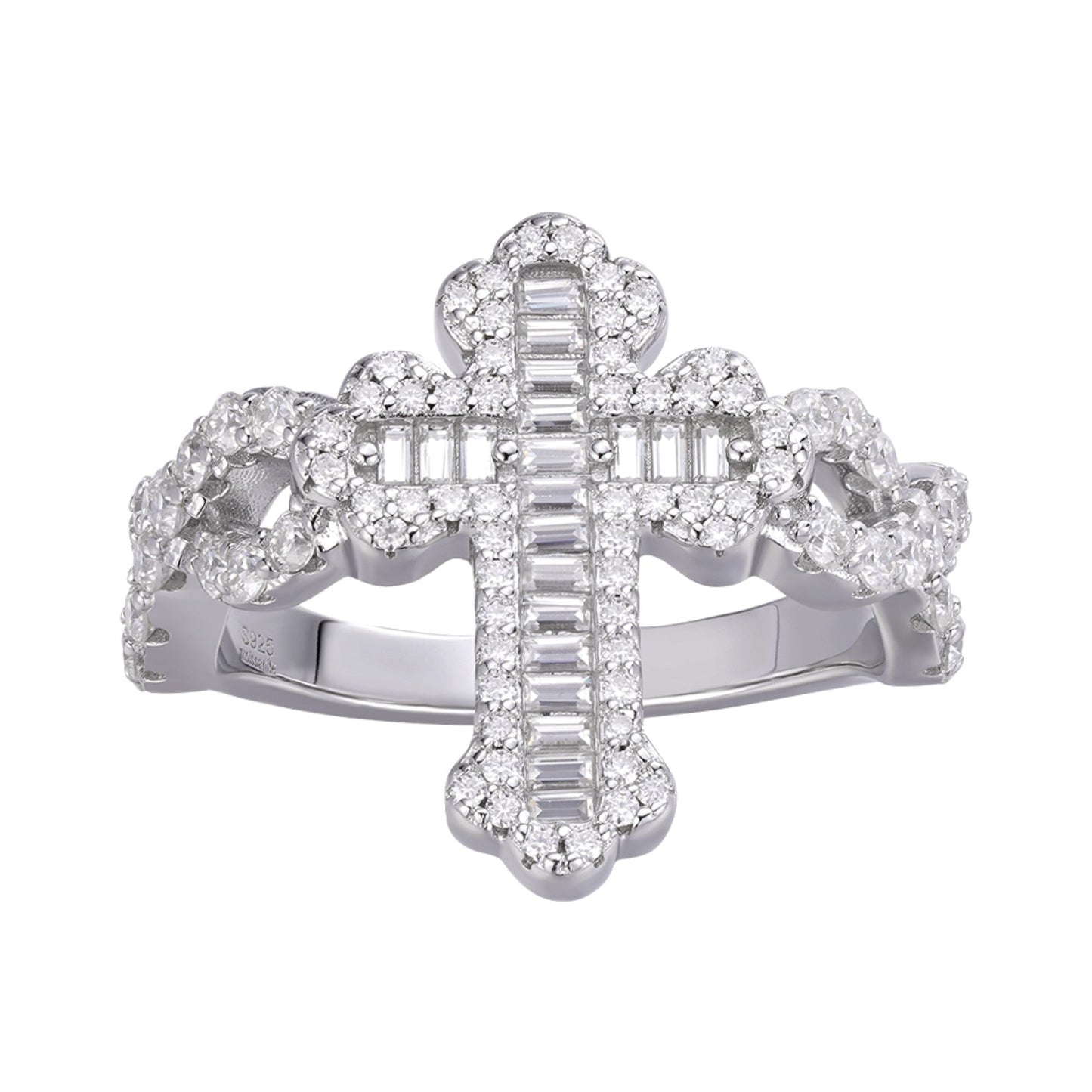S.Silver Round Baguette Moissanite Cross Religious SZ 9 Ring RP 1-5/8 Cttw