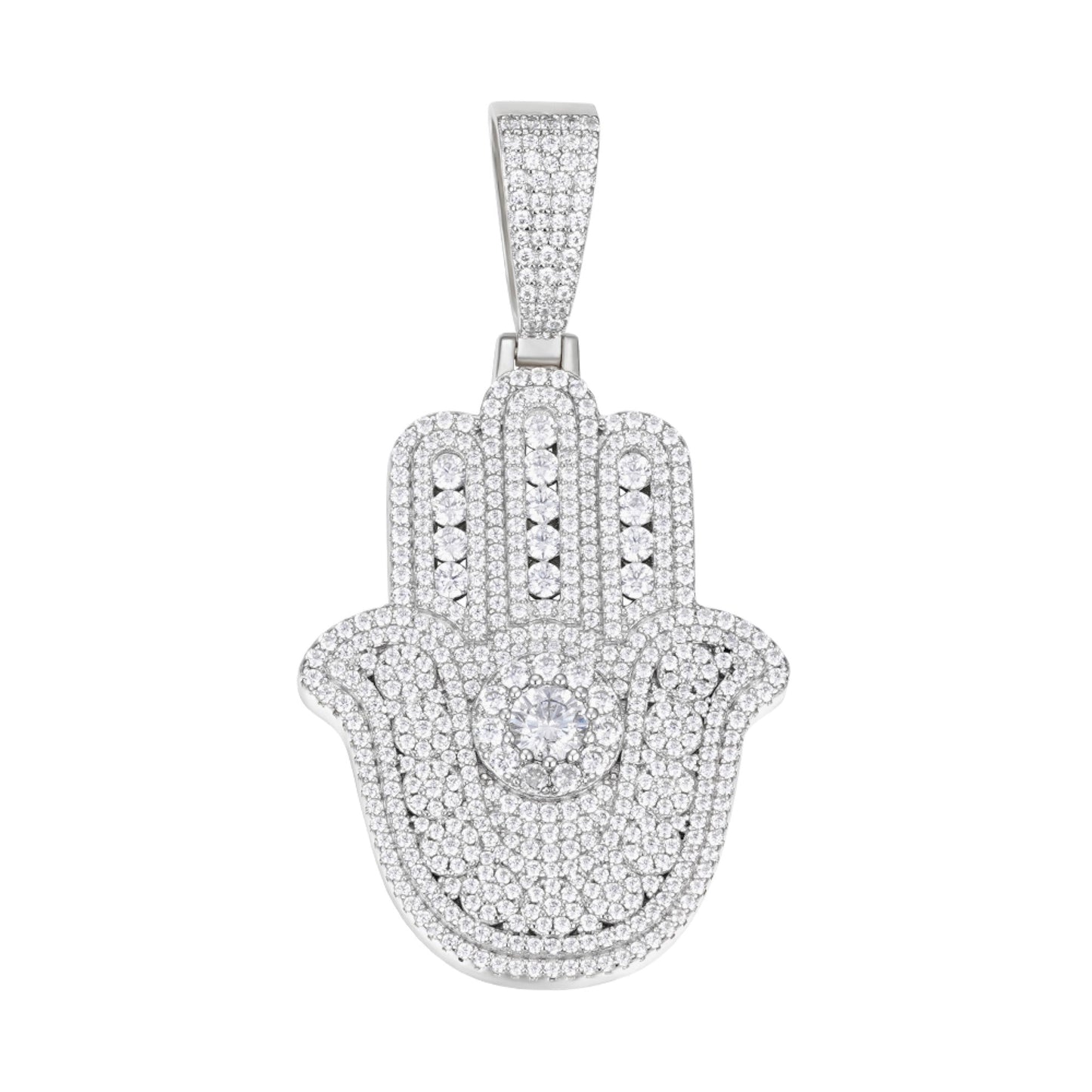 S.Silver Round Moissanite Hamza Hand Religious Pendant RP 4-3/8 Cttw