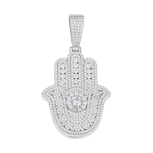 S.Silver Round Moissanite Hamza Hand Religious Pendant RP 4-3/8 Cttw