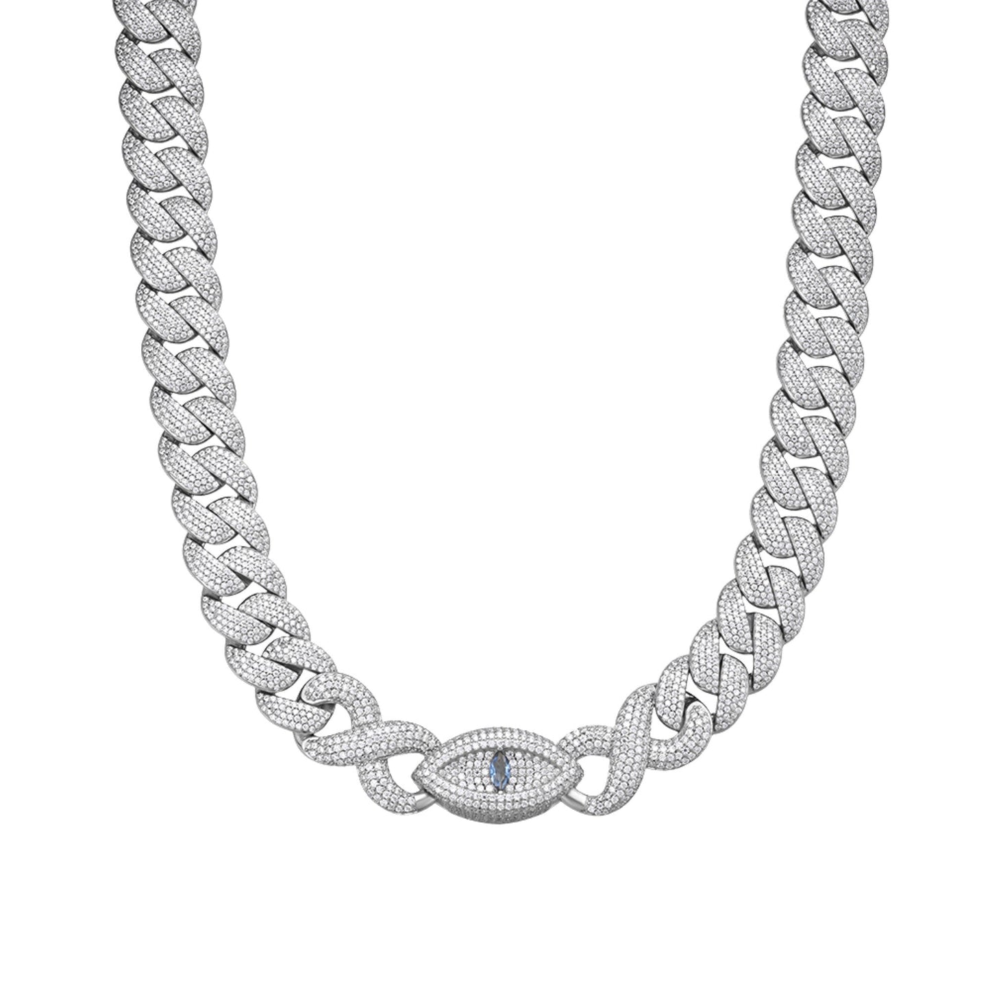 S.Silver Round Moissanite 18mm Inifinity Cuban With Evil Eye Designer 22 Inch Mens Necklace RP 35-3/4 Cttw