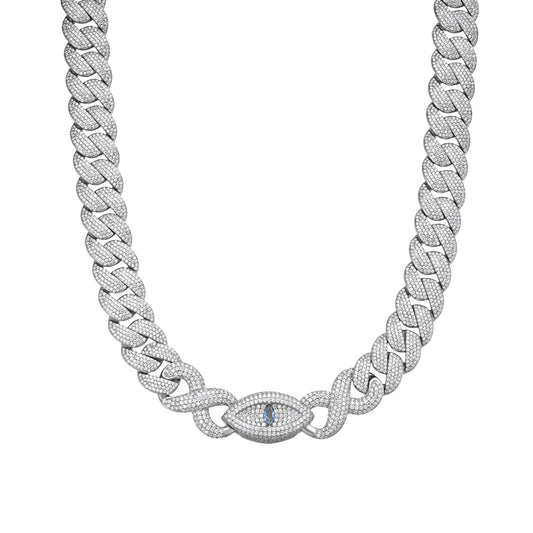 S.Silver Round Moissanite 18mm Inifinity Cuban With Evil Eye Designer 22 Inch Mens Necklace RP 35-3/4 Cttw