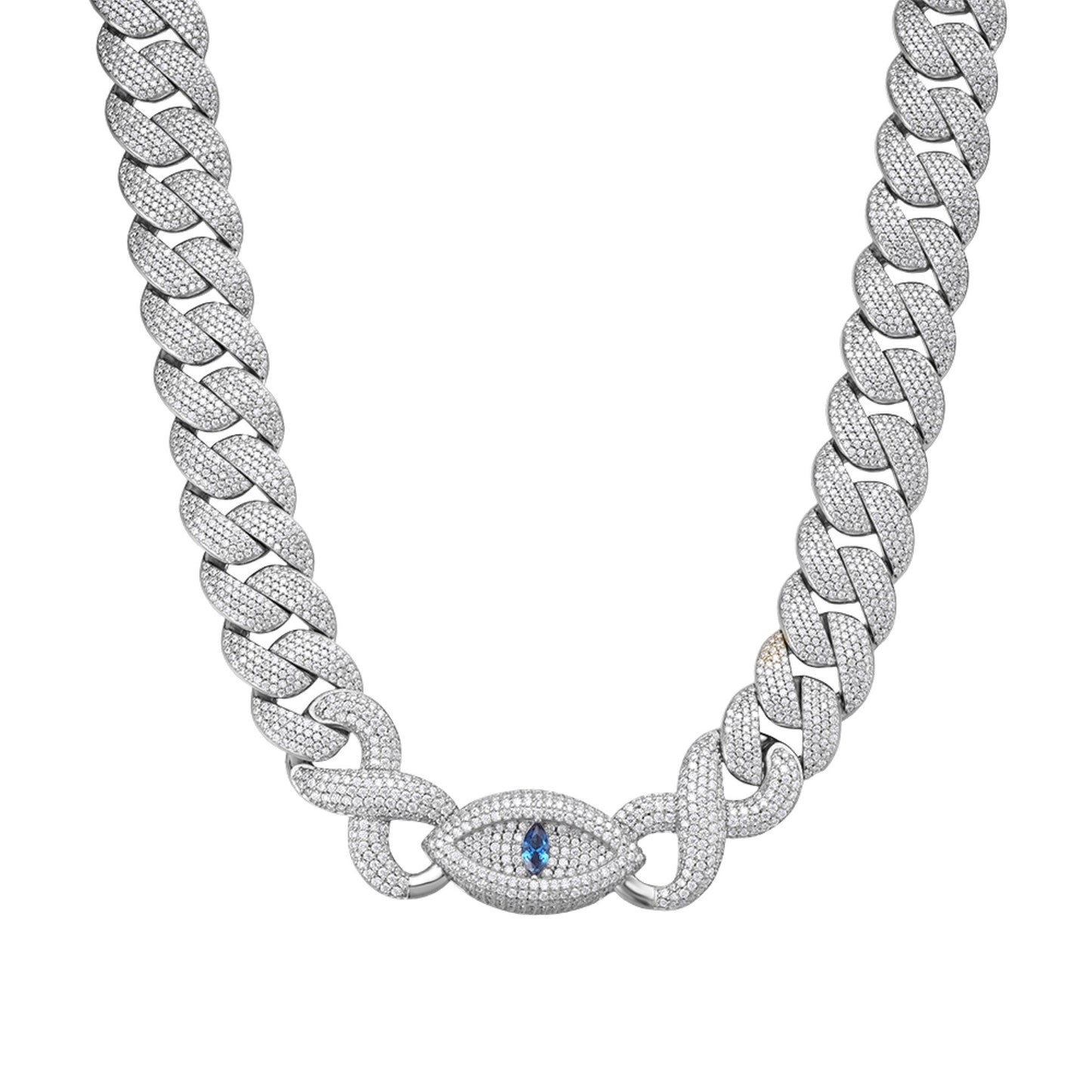 S.Silver Round Moissanite 15mm Inifinity Cuban With Evil Eye Designer 22 Inch Mens Necklace RP 35-3/4 Cttw