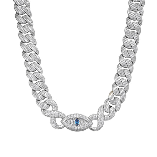 S.Silver Round Moissanite 15mm Inifinity Cuban With Evil Eye Designer 22 Inch Mens Necklace RP 35-3/4 Cttw