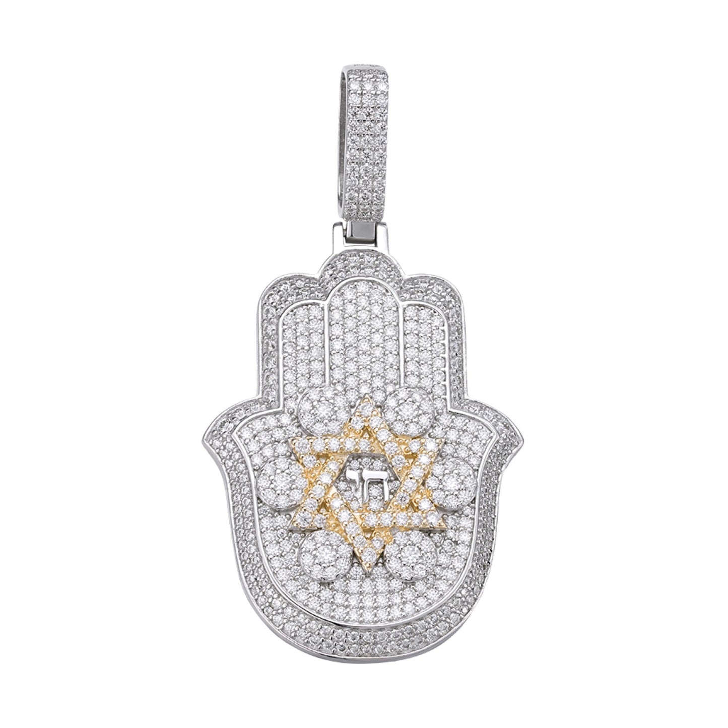 S.Silver Round Moissanite Hamza Hand Religious Pendant RP+GP 3-5/8 Cttw