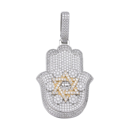S.Silver Round Moissanite Hamza Hand Religious Pendant RP+GP 3-5/8 Cttw