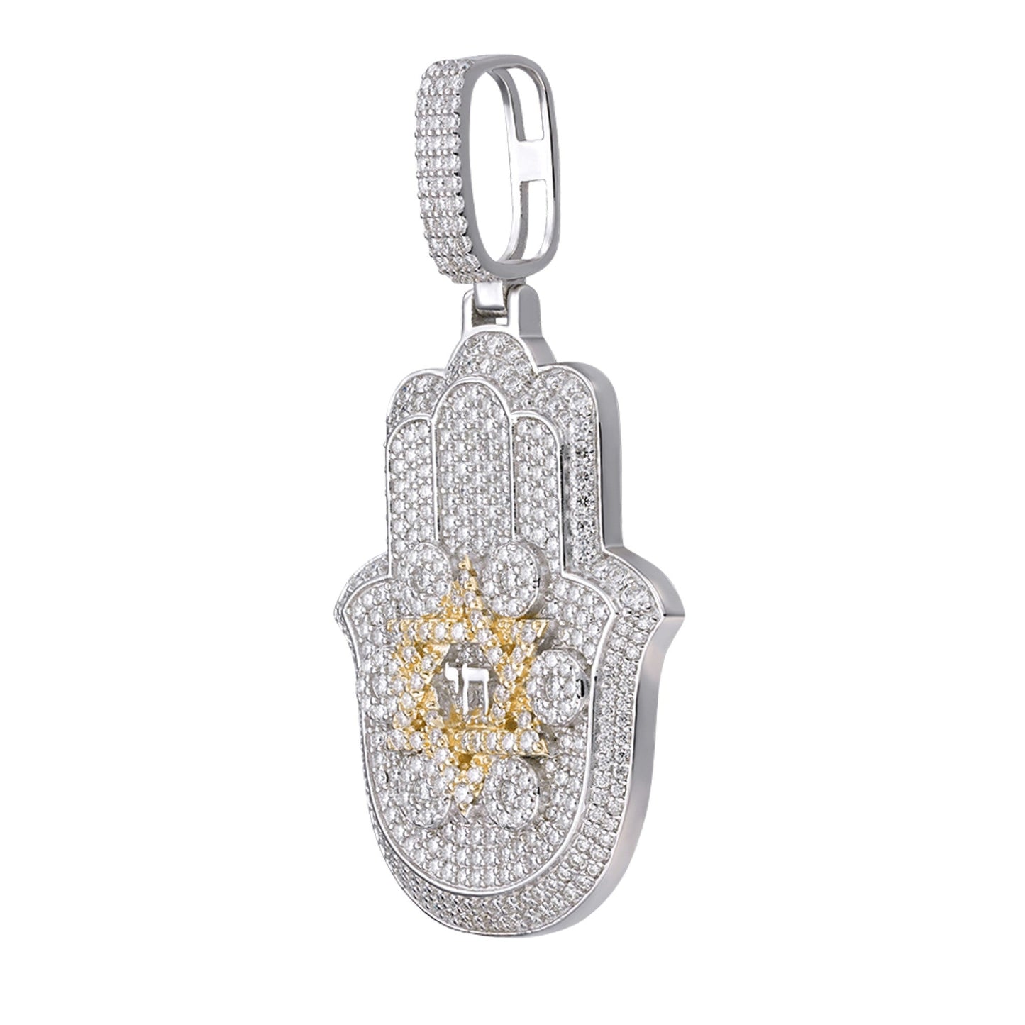 S.Silver Round Moissanite Hamza Hand Religious Pendant RP+GP 3-5/8 Cttw