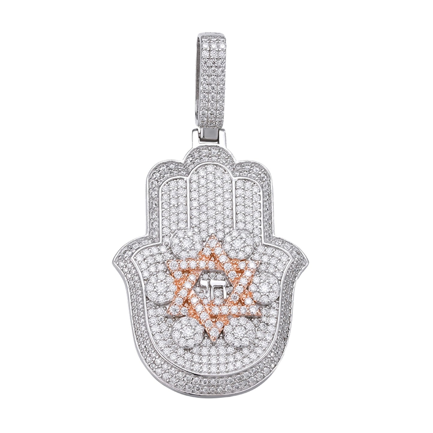 S.Silver Round Moissanite Hamza Hand Religious Pendant RP+PP 3-5/8 Cttw
