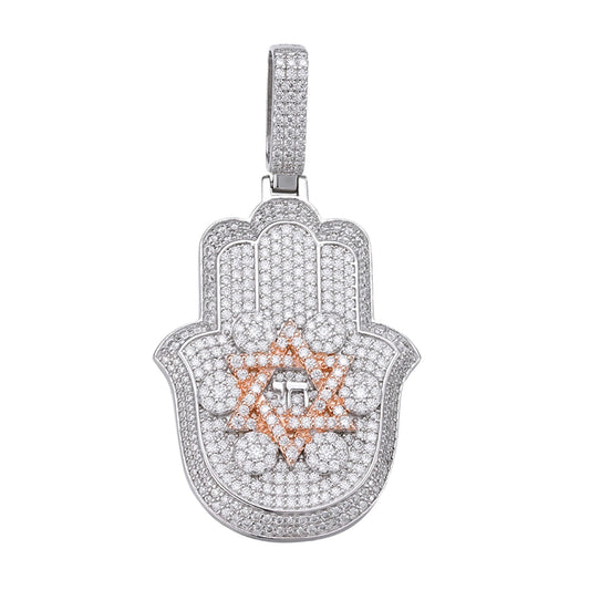 S.Silver Round Moissanite Hamza Hand Religious Pendant RP+PP 3-5/8 Cttw