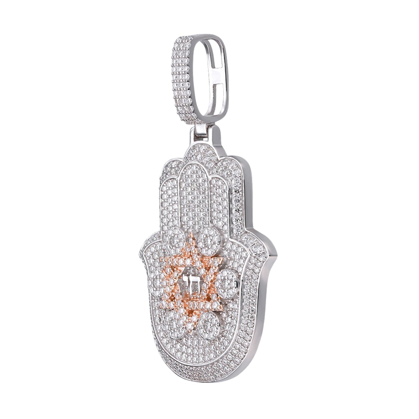S.Silver Round Moissanite Hamza Hand Religious Pendant RP+PP 3-5/8 Cttw